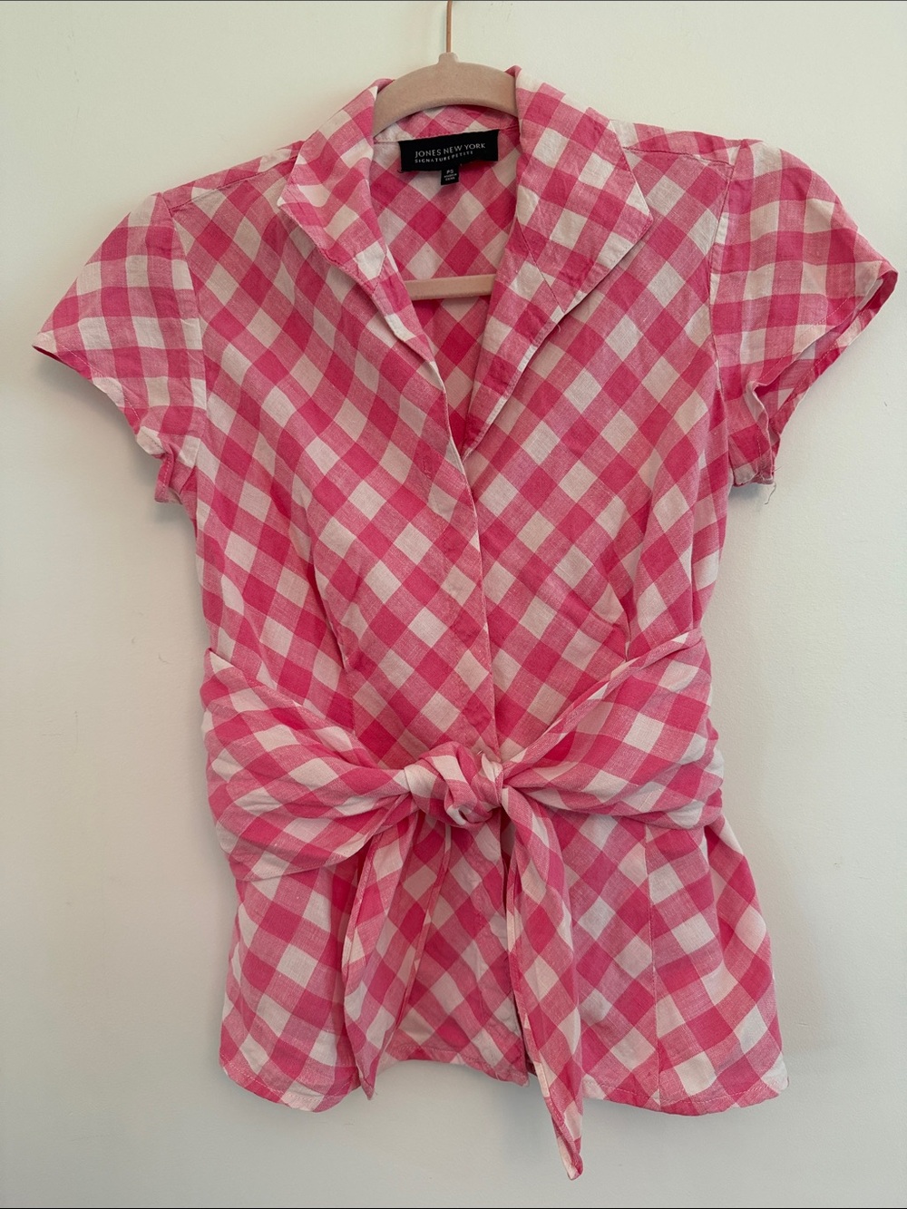 Jones New York Pink & White Gingham Tie-Front Short Sleeve Blouse